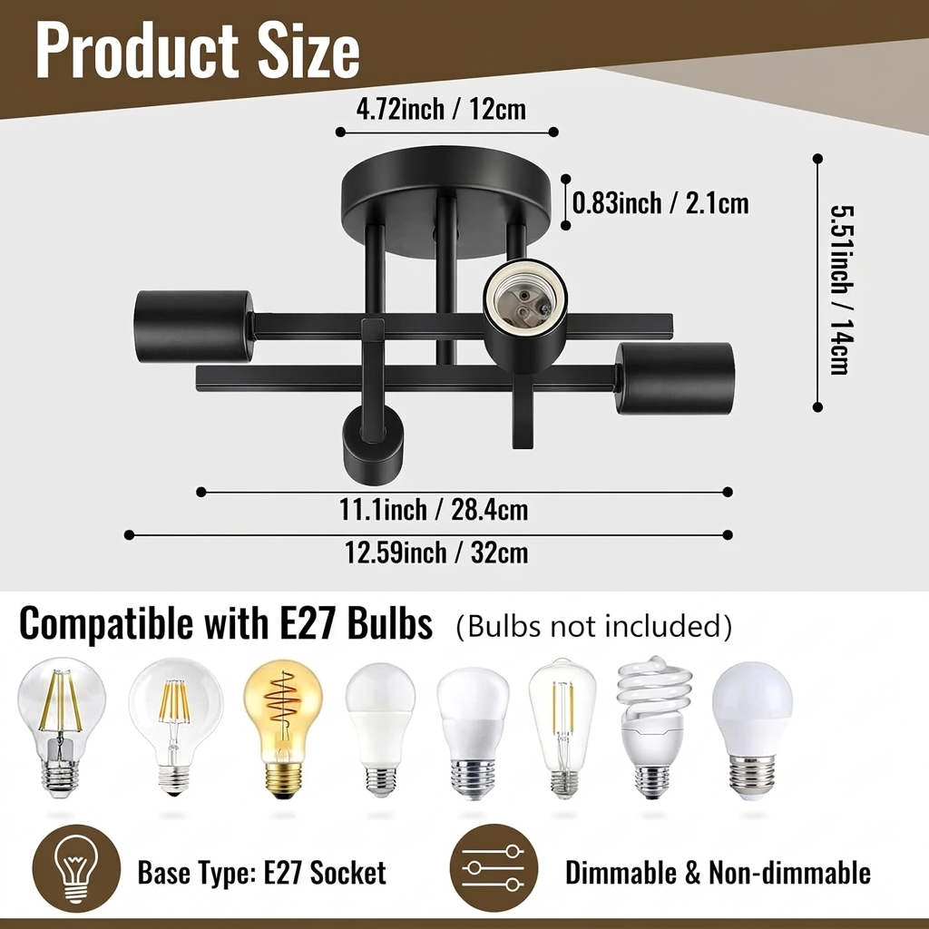 Modern Farmhouse 4 Light Semi Flush Mount Ceiling Light Matte Black Metal Hanging Fixture for Kitchen Island Bedroom Decor