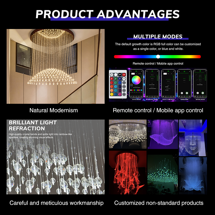 Project Custom Luxury Atmospheric RGB Remote App Control PMMA Fiber Optic Crystal Ceiling Hotel Bar Pendant Light LED Chandelier