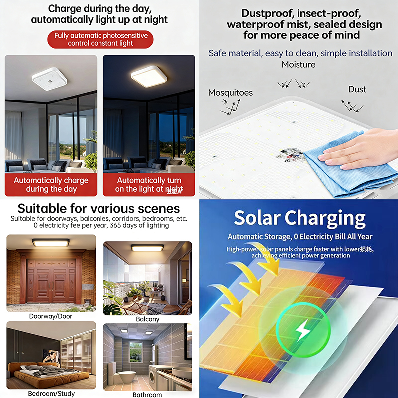 Solar Square LED Ceiling Light IP65 Waterproof 300W/400W/500W Super Bright Dimmable Remote Control Indoor Living Room Balcony