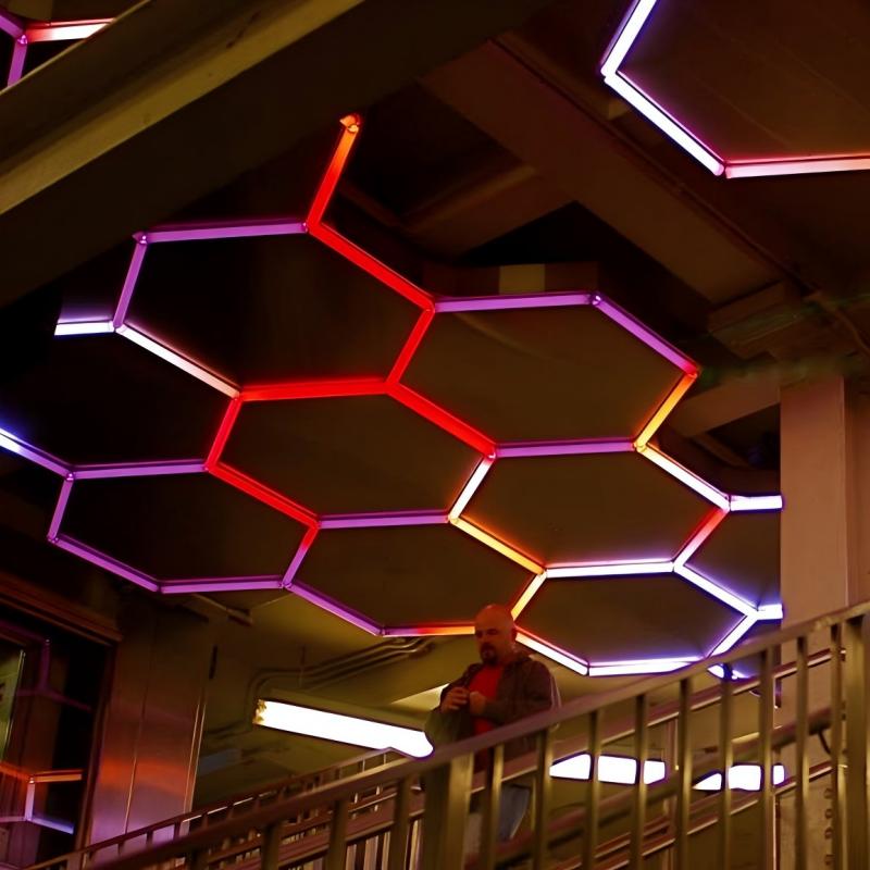 Dimmable RGB Hexagonal LED Ceiling Light Honeycomb Color Changing Modular Linkable Smart Remote App Garage