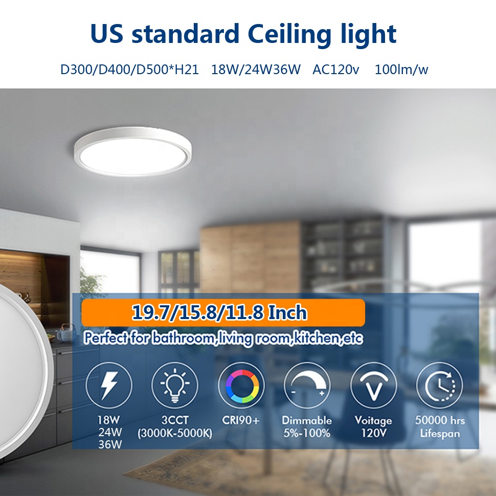 Modern ETL Certified Dimmable Remote Control LED Ceiling Light with Round Panel for Bedroom Living Room