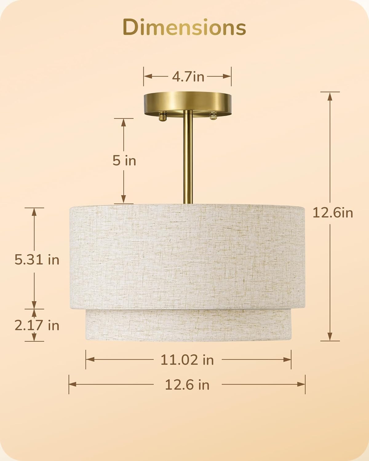 EDISHINE 12.6Inch Semi Flush Mount Huachuang Ceiling Light 3-Light Double Drum Fabric Shade Art Deco Bedroom Hallway Dining Room
