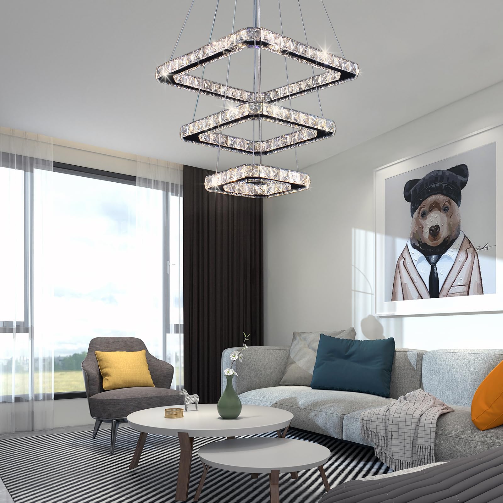 Modern Crystal LED Square Dimmable 3-Rings Chandelier Pendant Lights Height Shape Adjustable Bedroom Living Room Ceiling Lamp