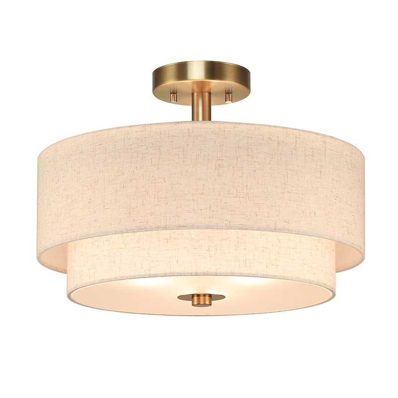 Indoor Dual Layer Fabric Lampshade Brass Semi Flush Mount Ceiling Light Hanging Modern Light Pendant Lamp for Living Room Home