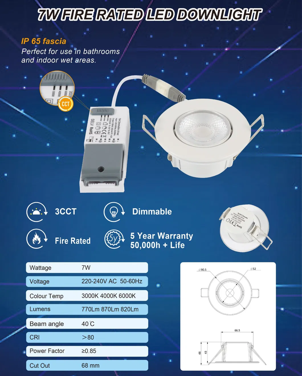 3CCT IP65 Dimmable Indoor LED Gimbal Recessed Lighting Downlight Specifications