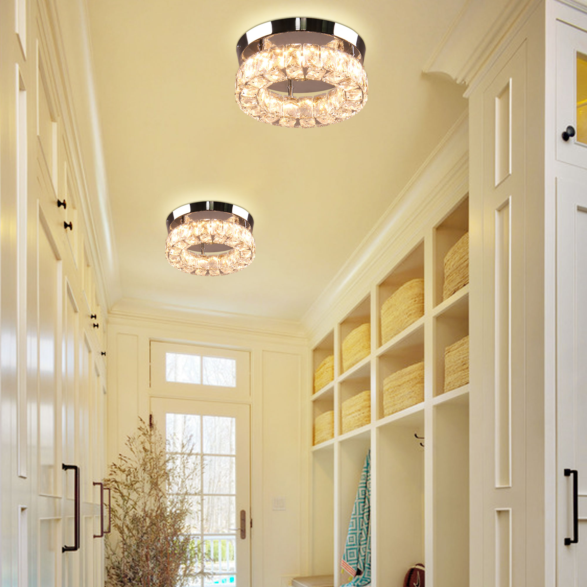 9.8" Dimmable Modern Crystal Chandeliers LED Ceiling Light with Remote Flush Mount Small Chandelier for Hallway Foyer Kitchen