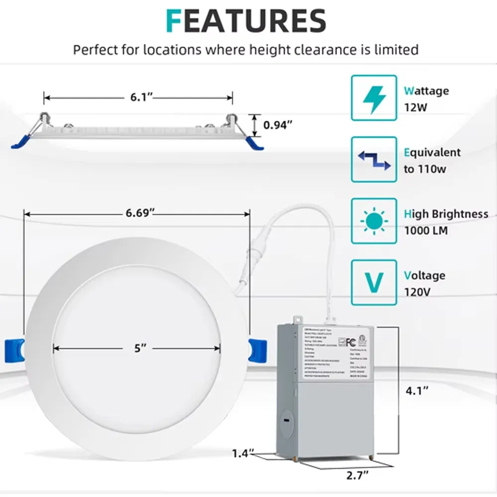 Us Warehouse Ultra Thin Dimmable and Changeable 5CCT 4" 9W 6'' 12W LED Recessed Pot Lights