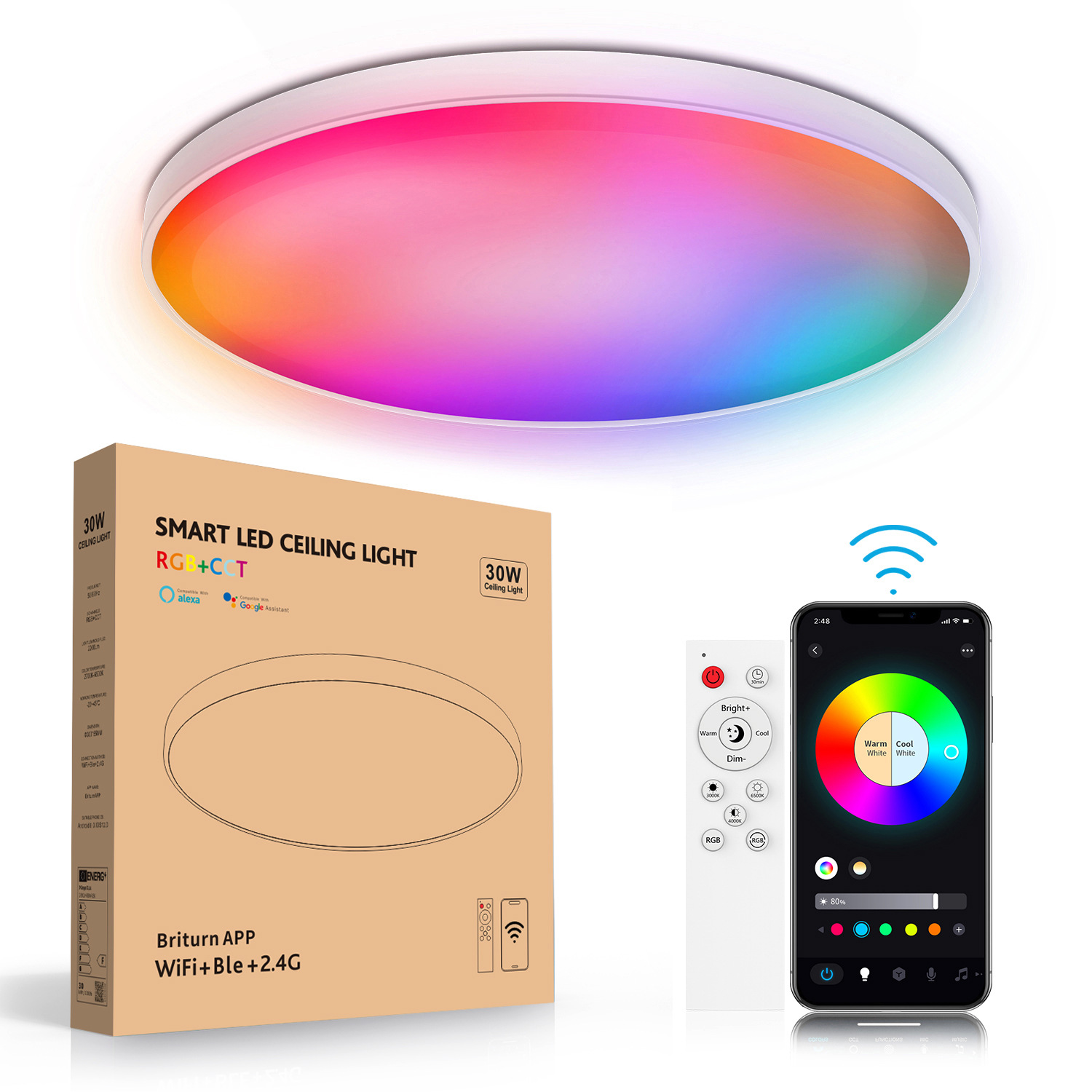 Smart Wi-Fi Remote Control RGB Dimming and Color Adjustment Voice Control Modern Ultra-thin Minimalist Tri-proof Ceiling Light