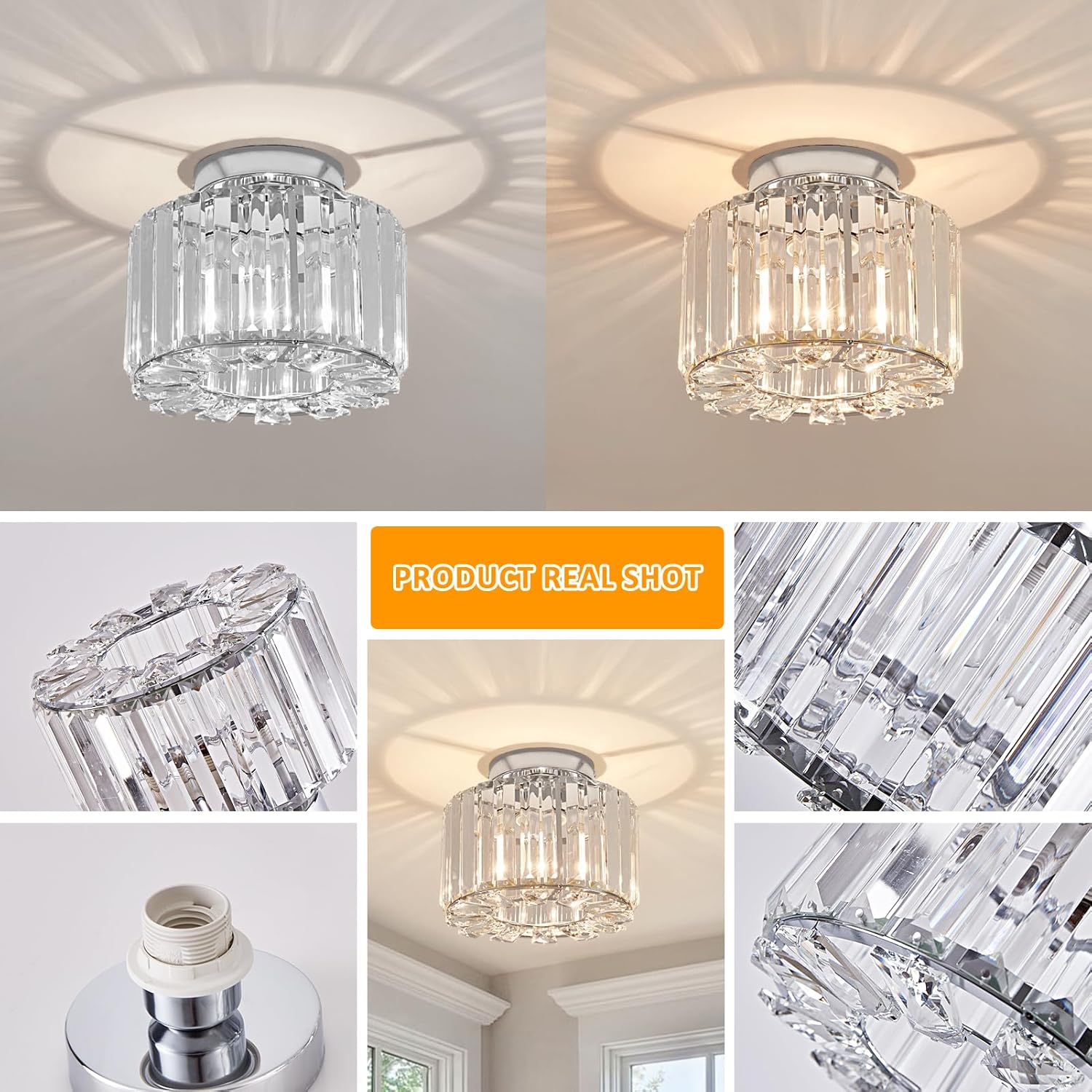 Modern Elegant Gold Crystal Chandelier Semi Flush Mount Ceiling Light for Hall Kitchen Bedroom Living Room Home-Middle Size Lamp