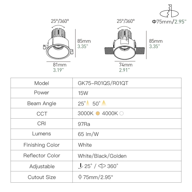 XRZLux 15W Dimmable CCT Change LED Smart Recessed Downlight Modern Anti-Glare ETL Ceiling Spotlight Hotel COB Spot Light