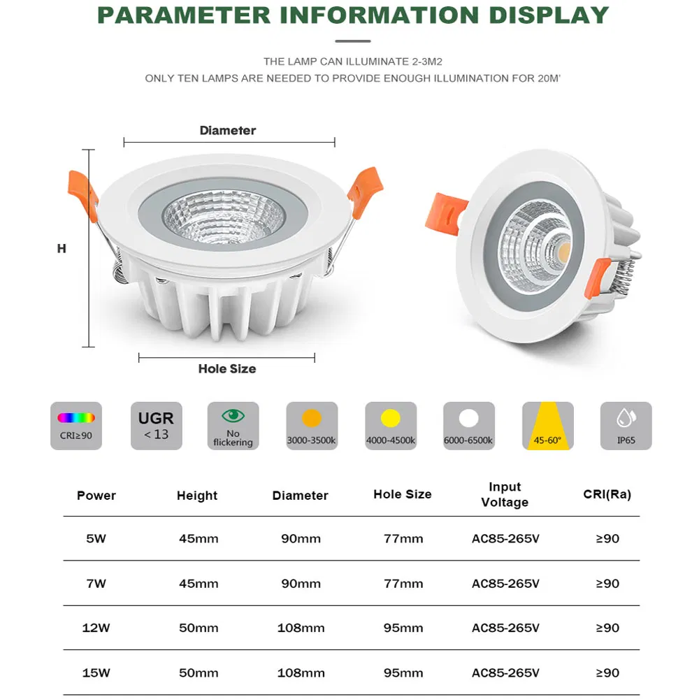 Waterproof LED Downlights 5W 7W 9W 12W 15W Round Anti-Fog Spot Lights Toilet Sauna Bathroom IP65 COB Recessed LED Downlight