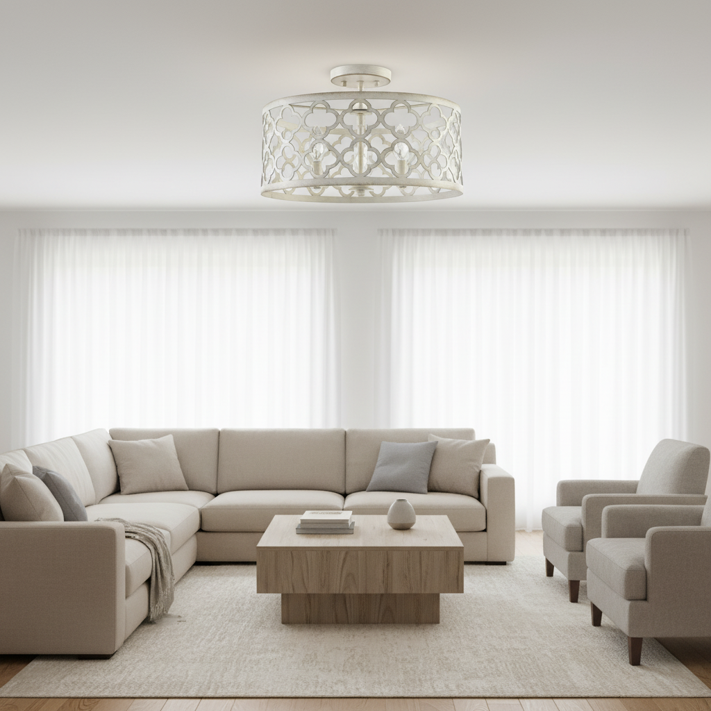 3-Light Middle Semi Flush Mount Ceiling Light Distressed White Metal Cage Fixture Modern Farmhouse for Living Room Hotel