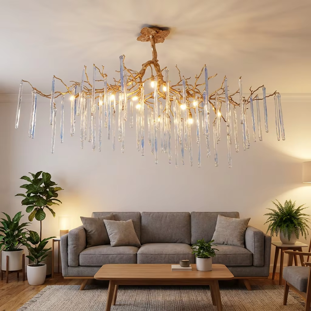 Luxury Modern Brass Branch Semi Flush Mount Ceiling Light Modern Glass Droplet Hanging Lamp Artistic Chandelier for Villa Home