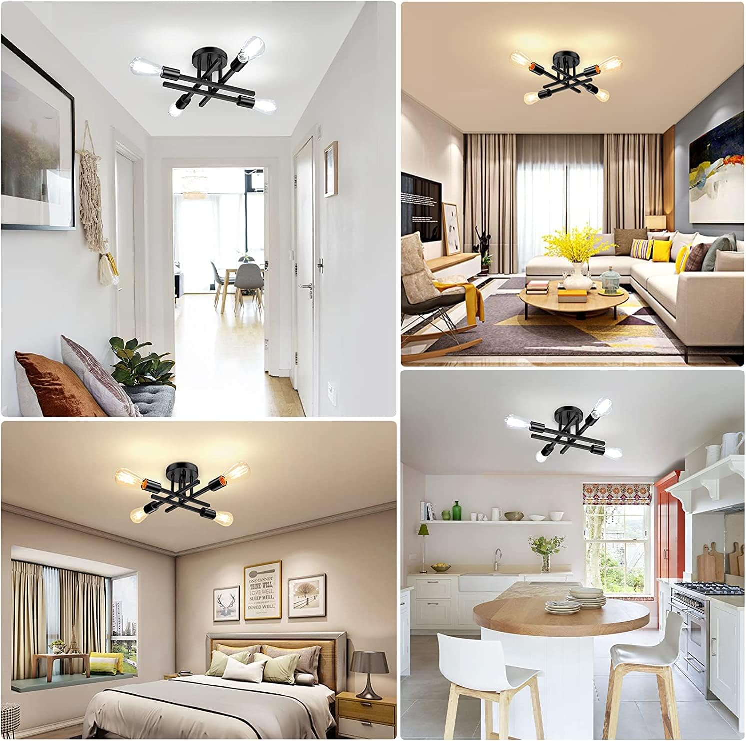 Modern Farmhouse 4 Light Semi Flush Mount Ceiling Light Matte Black Metal Hanging Fixture for Kitchen Island Bedroom Decor