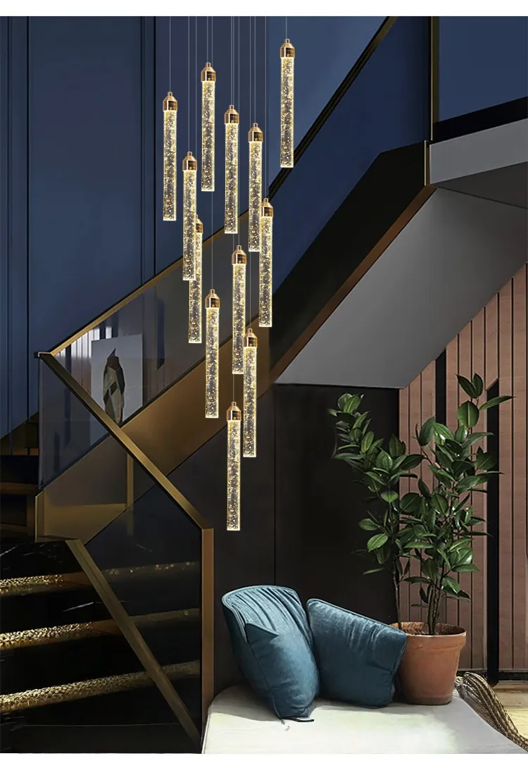 Villa Minimalist Staircases Modern Chandelier Indoor High Ceiling Gold Lamps