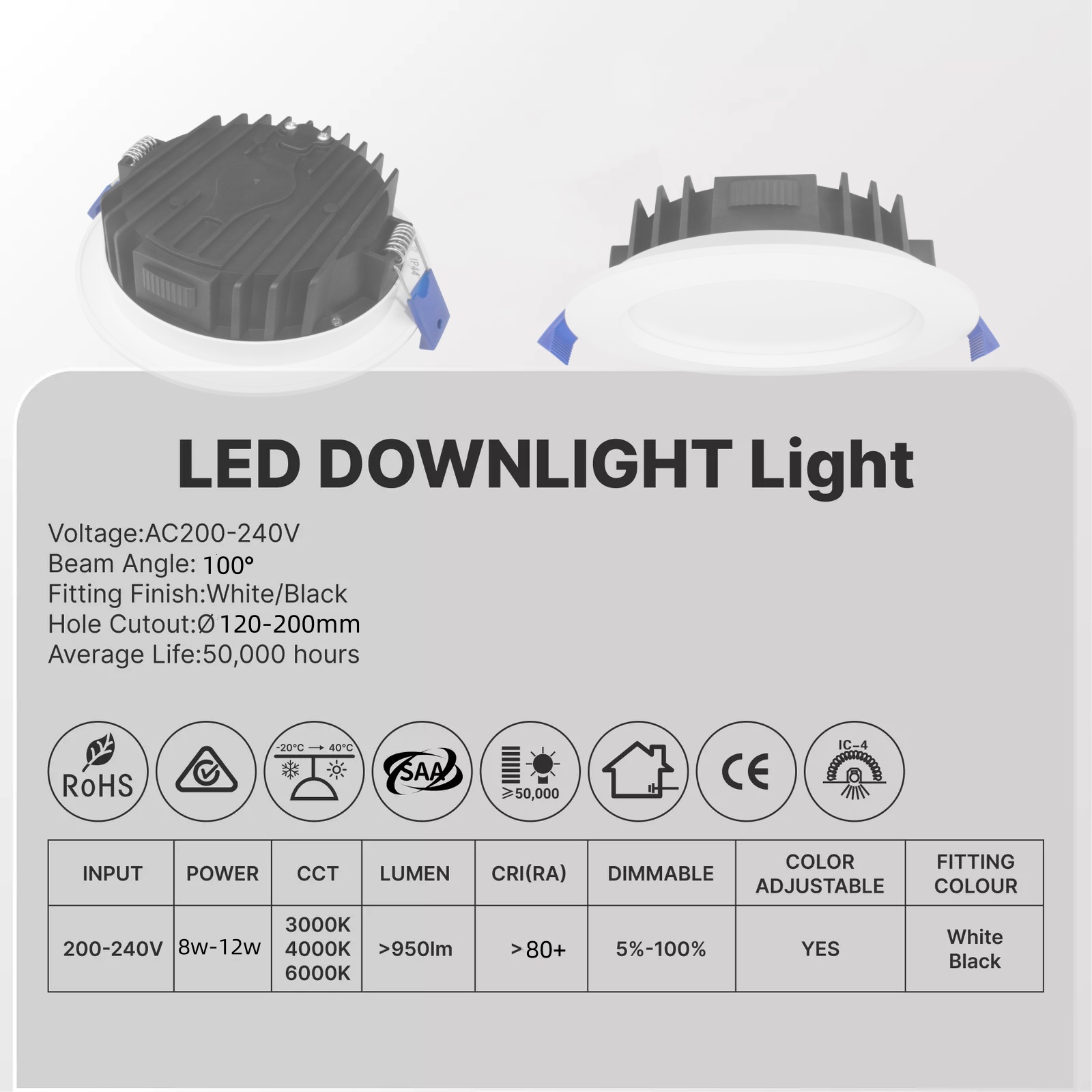Australia Ultra Slim LED Downlight CE SAA IP44 Approved 4" Inch Recessed 120mm Cutout 8W 10W 12W Dimmable 3CCT Spot Downlight