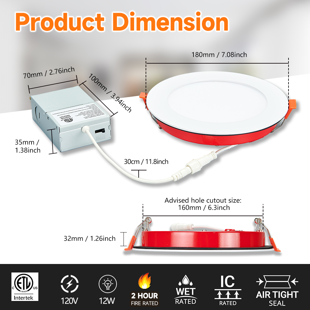 Hight Quality 6" Fire Rated LED Recessed Light 12W 5CCT Slim Panel Downlight Fireproof Ceiling Luminaire ETL Listed Dimmable