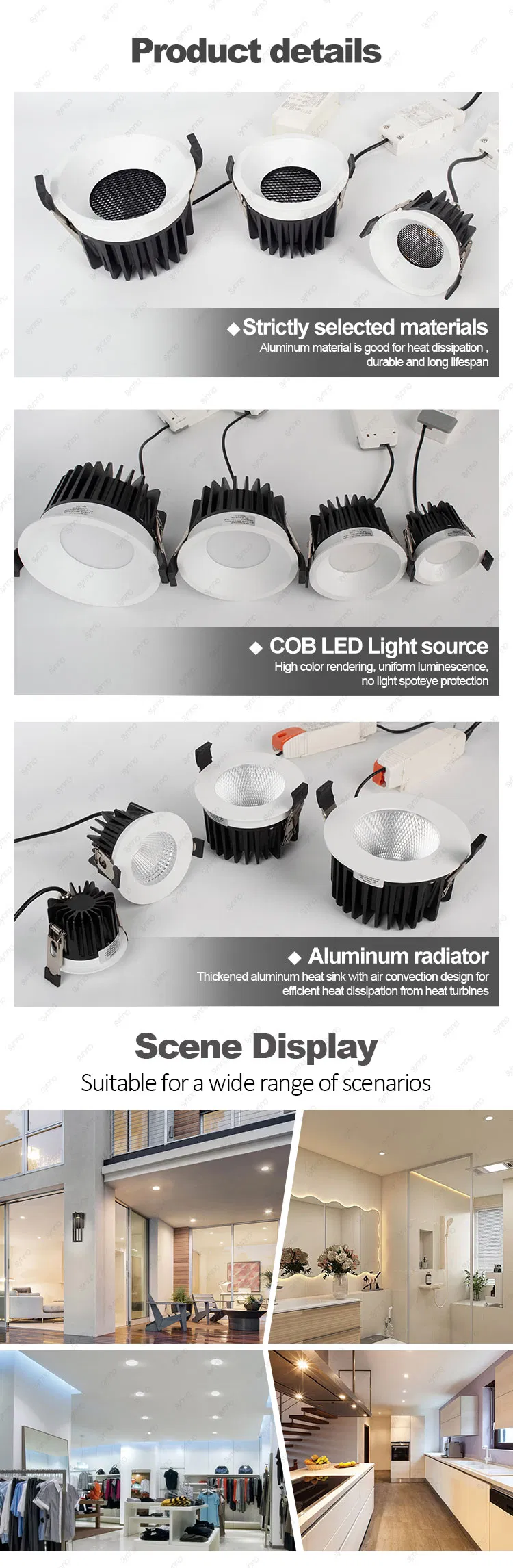 Waterproof IP65 COB Recessed LED Ceiling Downlight for Bathroom Kitchen