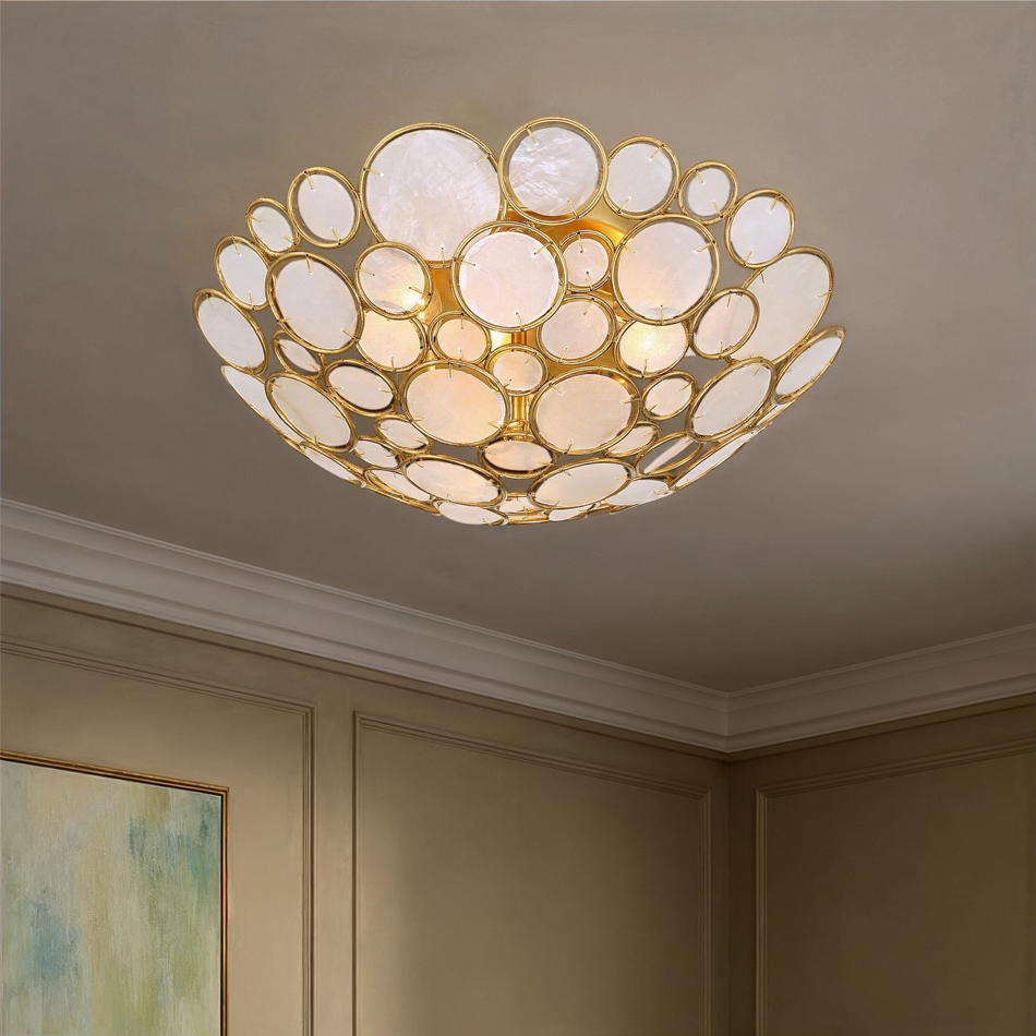 Elegant Bowl Shaped Crystal Bead &amp; Shell home decor luxury Gold Chain Semi-Flush Mount Ceiling Light for Living Room Decor