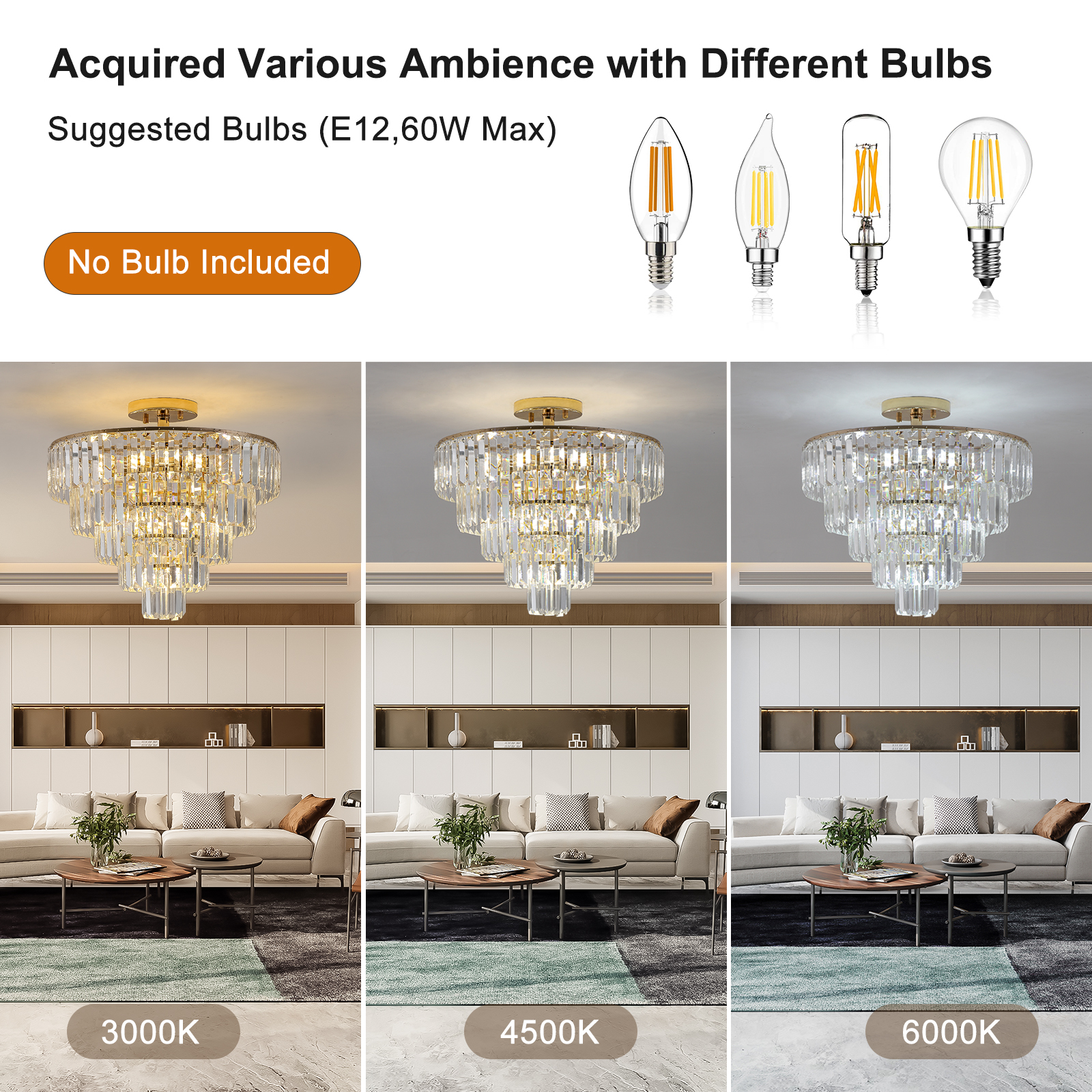 Large Luxury 5 Tier Gold Crystal Semi Flush Mount Ceiling Light Round 5 Tier Chandelier for Living & Dining Room