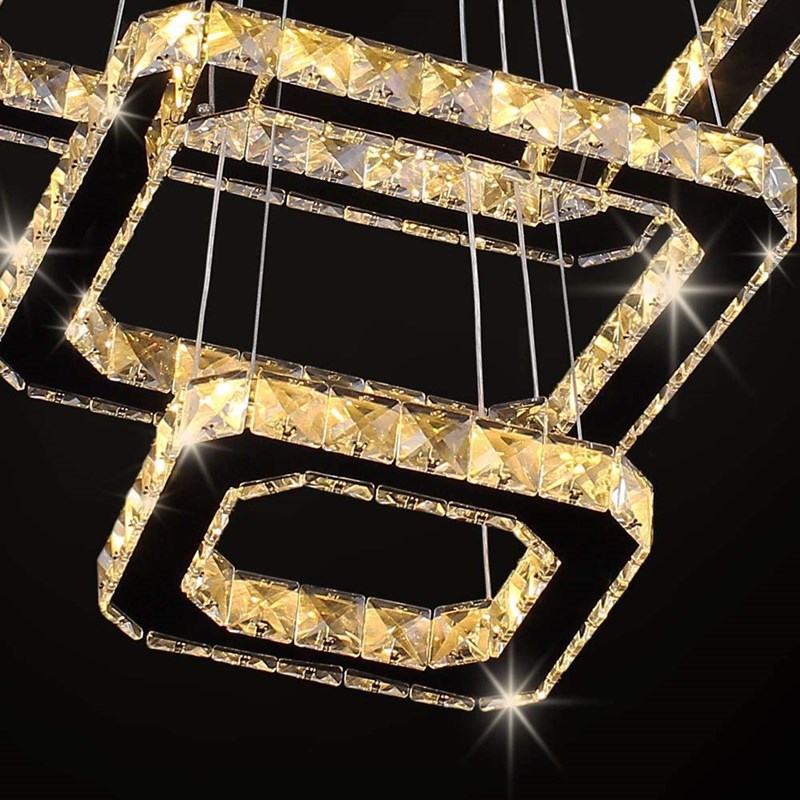 Modern Crystal LED Square Dimmable 3-Rings Chandelier Pendant Lights Height Shape Adjustable Bedroom Living Room Ceiling Lamp