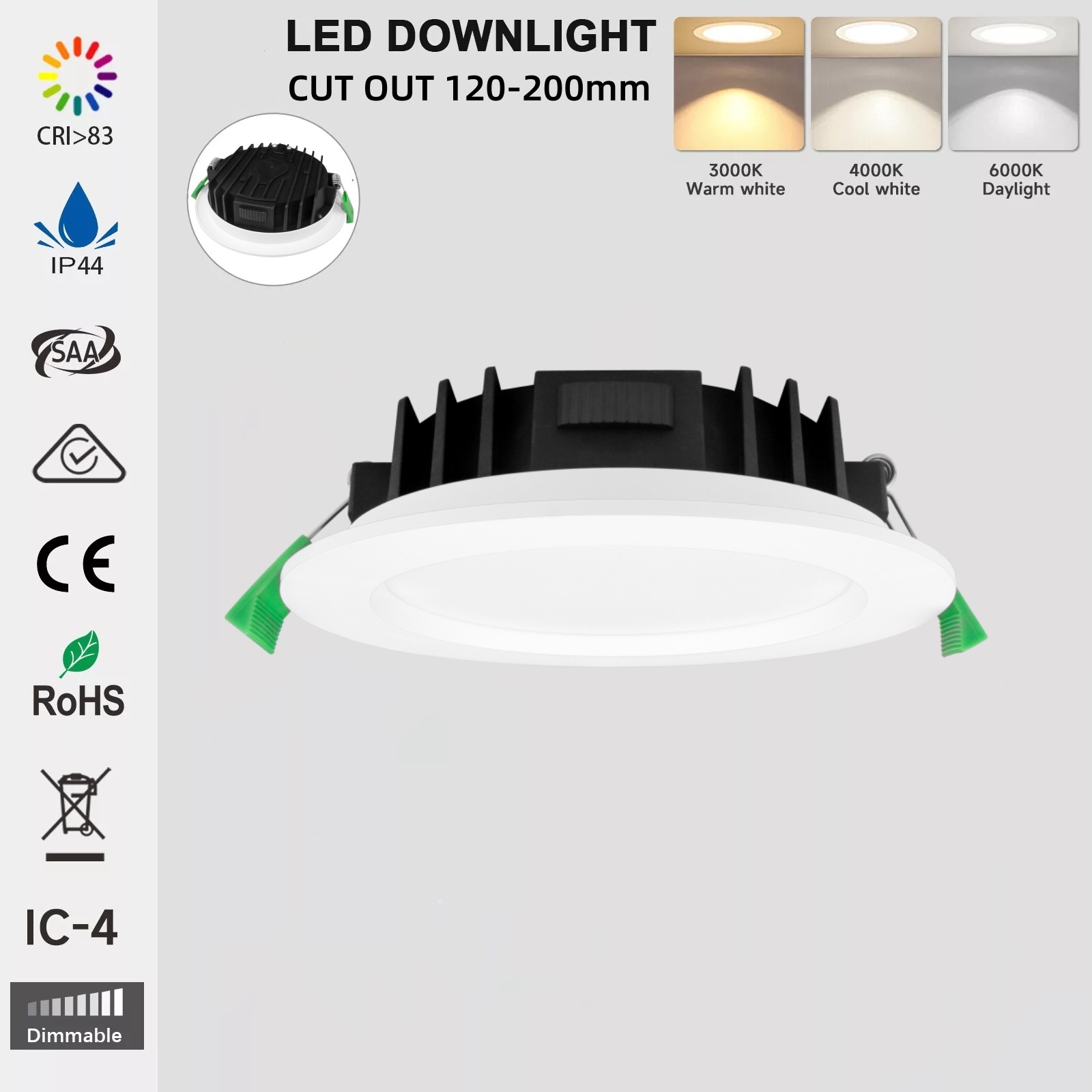 Australia Ultra Slim LED Downlight CE SAA IC-4 IP44 Recessed Dimmable Light 90mm Cutout 8W 10W 12W Dimmable 3CCT Spot Downlight