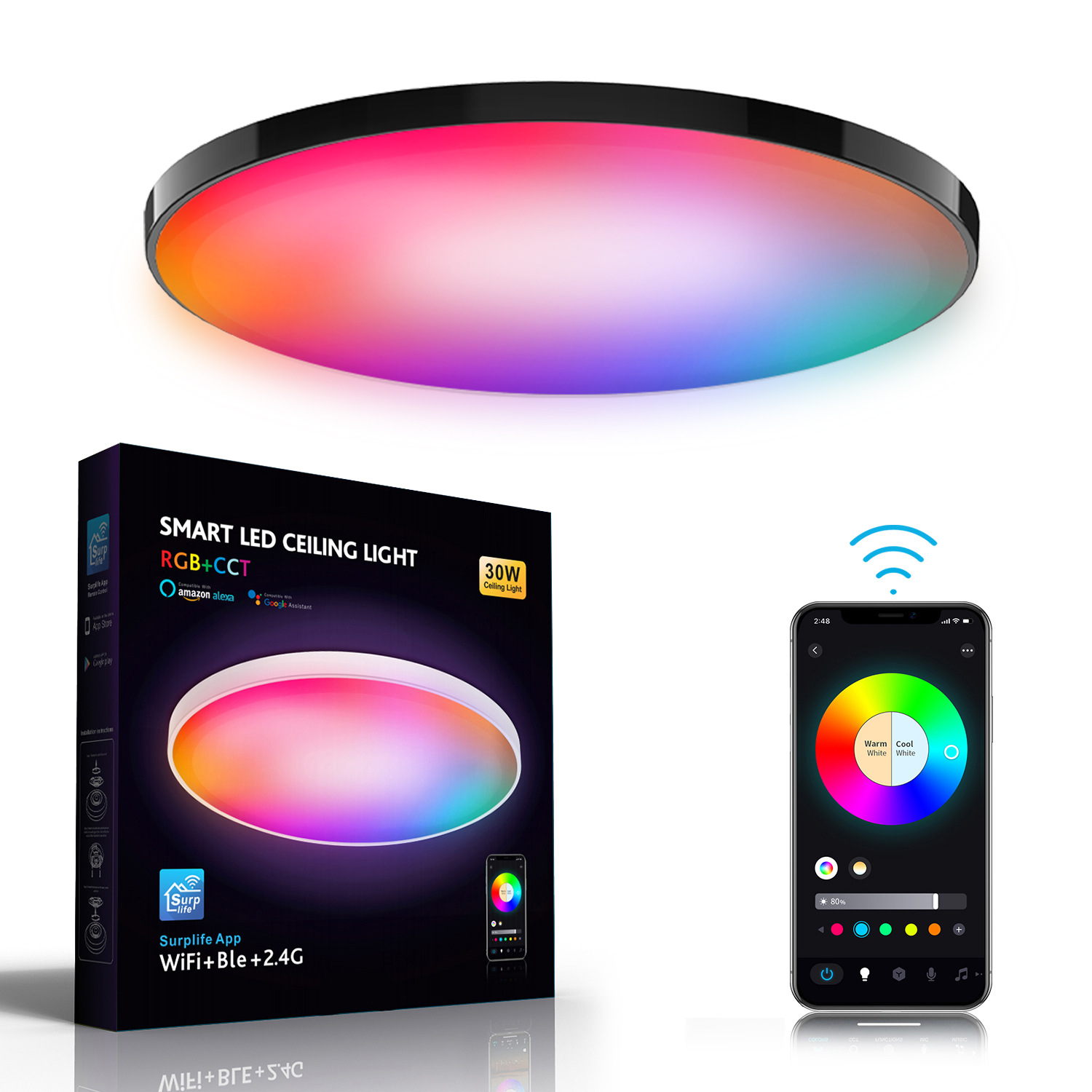 Smart Wi-Fi Remote Control RGB Dimming and Color Adjustment Voice Control Modern Ultra-thin Minimalist Tri-proof Ceiling Light