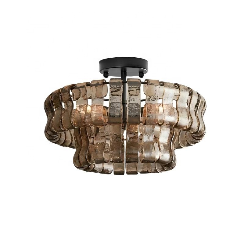 Mid-Century Semi Flush Mount Round Ceiling Lamp Hand-crafted Glass Chandelier Lighting for Dining Rooms and Lofty Residential