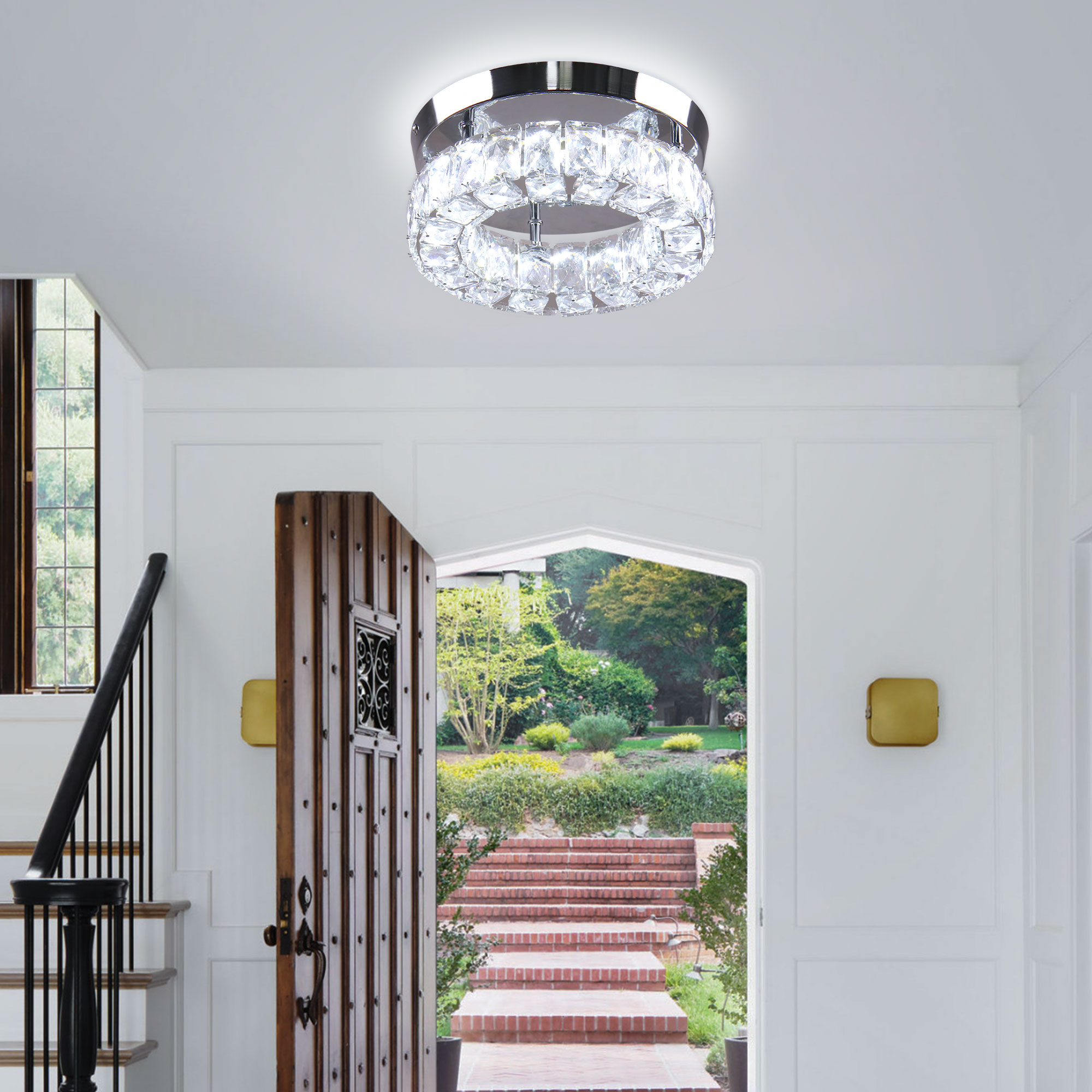 9.8" Dimmable Modern Crystal Chandeliers LED Ceiling Light with Remote Flush Mount Small Chandelier for Hallway Foyer Kitchen