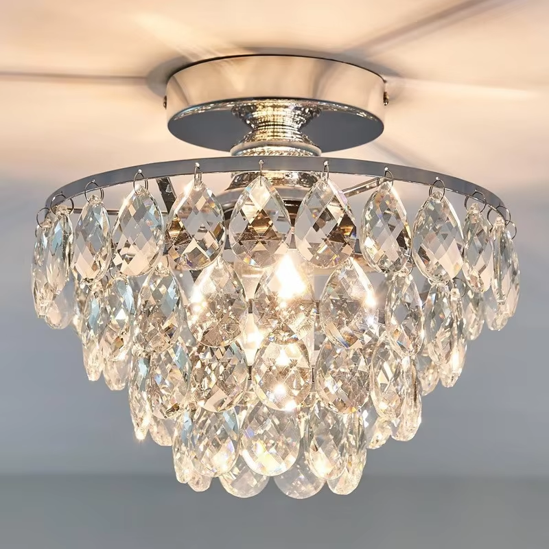 Modern Crystal Chandelier Semi Flush Mount Ceiling Light Fixture Silver Ceiling Lamp for Hallway Bedroom
