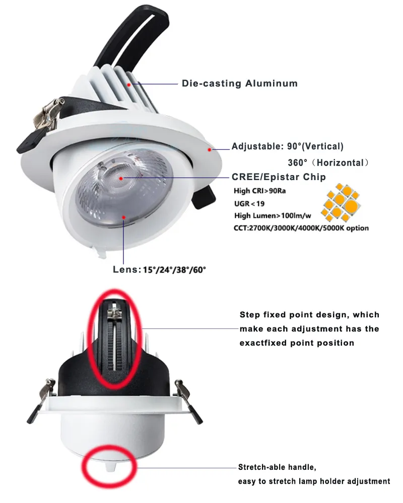 COB LED Gimbal Adjustable Recessed Downlight Warm White 20W 25W 30W 35W Trunk Light for Retail/Shop Aluminum Body with IP44 Rating