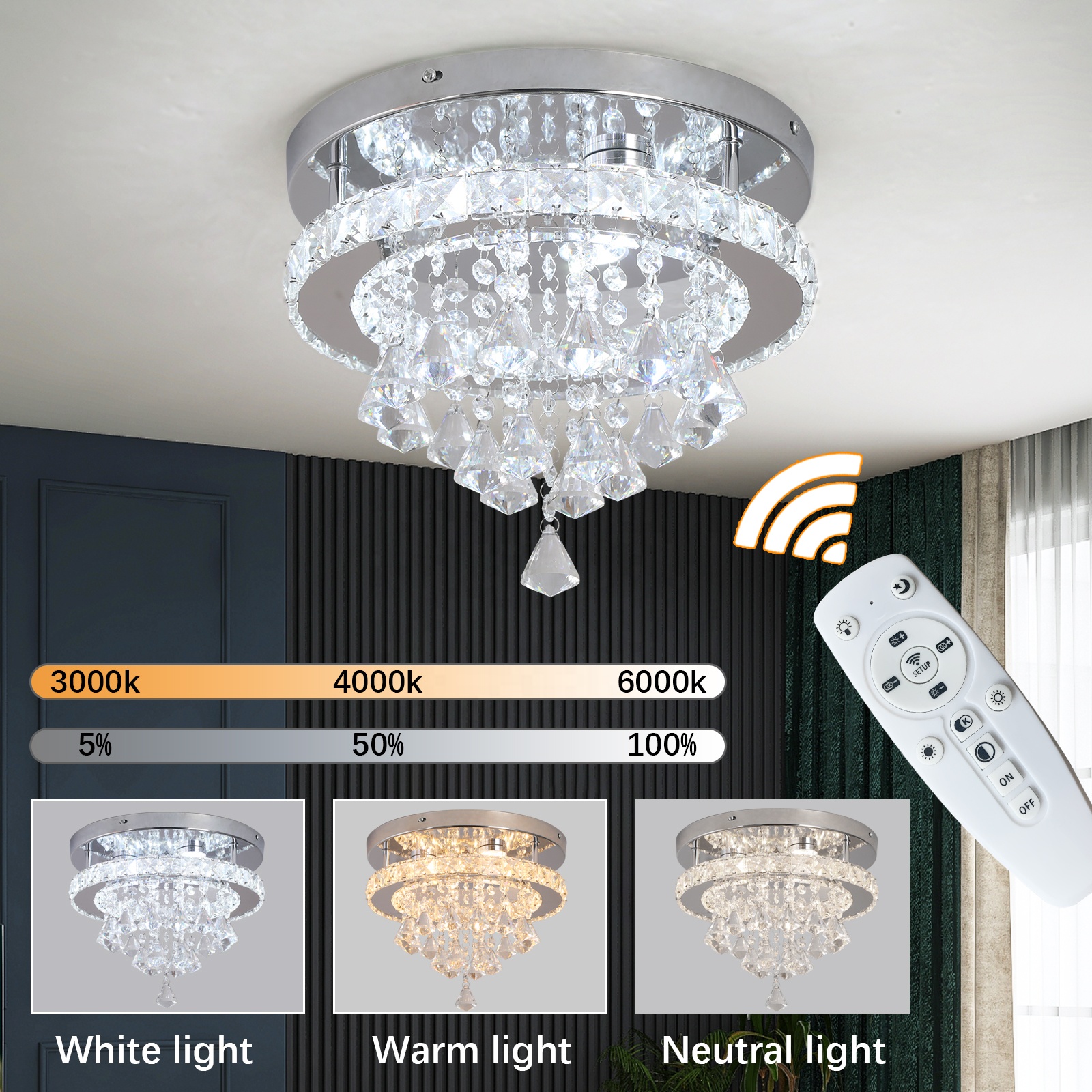 Custom Dangle Crystal Remote Control Smart Flush Mount Led Ceiling Home Lighting for Bedroom