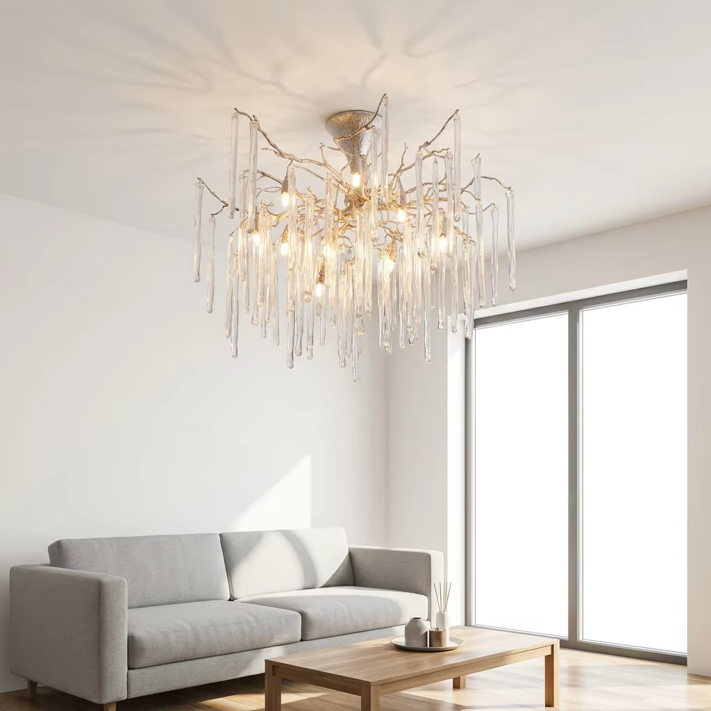 Luxury Modern Brass Branch Semi Flush Mount Ceiling Light Modern Glass Droplet Hanging Lamp Artistic Chandelier for Villa Home