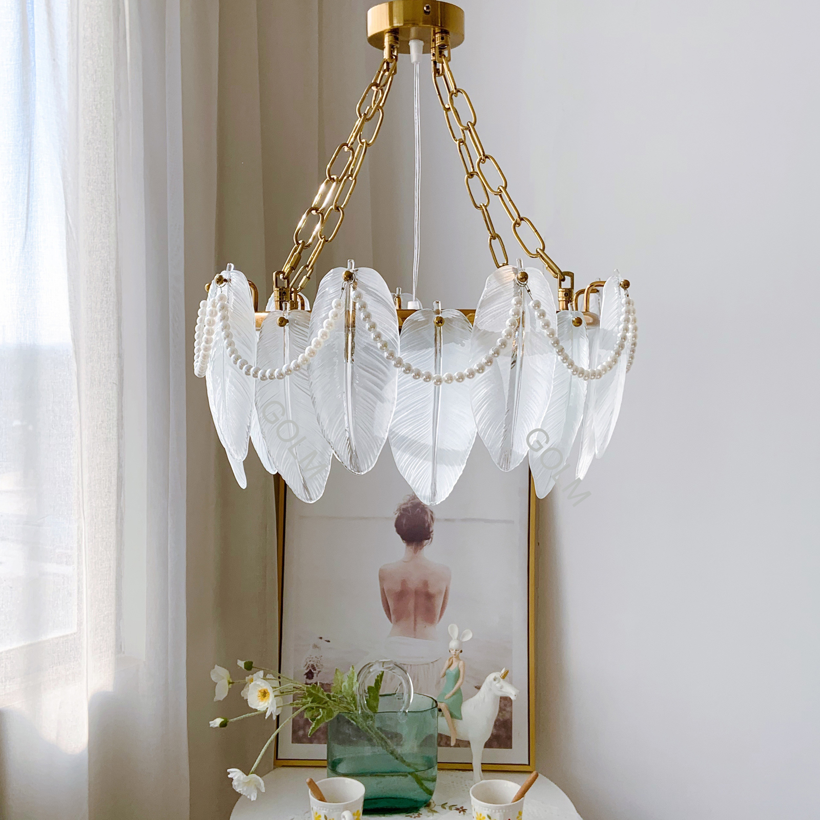 Modern American Feather Glass Ceiling Light AC110V AC220V Semi Flush Mount Lamp Luxury Chandelier Light for Living Room