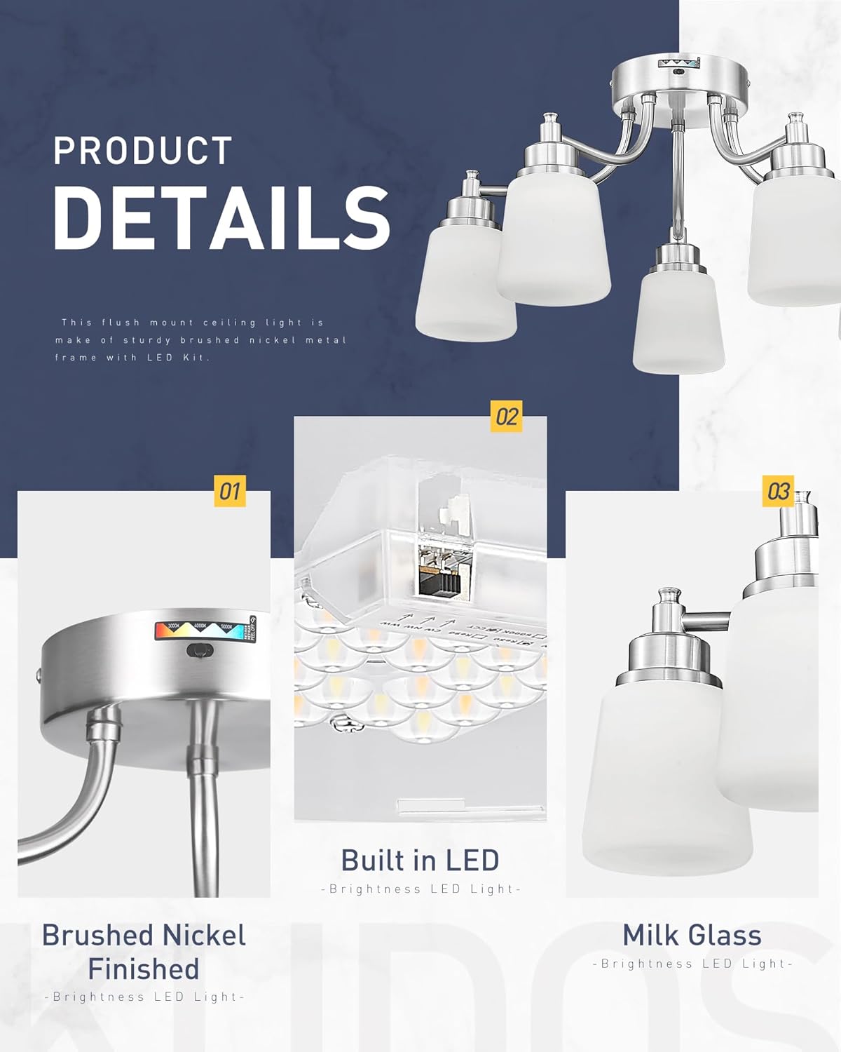 Indoor Simple Design 22 Inch Glass Cover Ceiling Light 3cct Dimming Metal 48w Modern Led Ceiling Lamps for Home Bedroom Kitchen