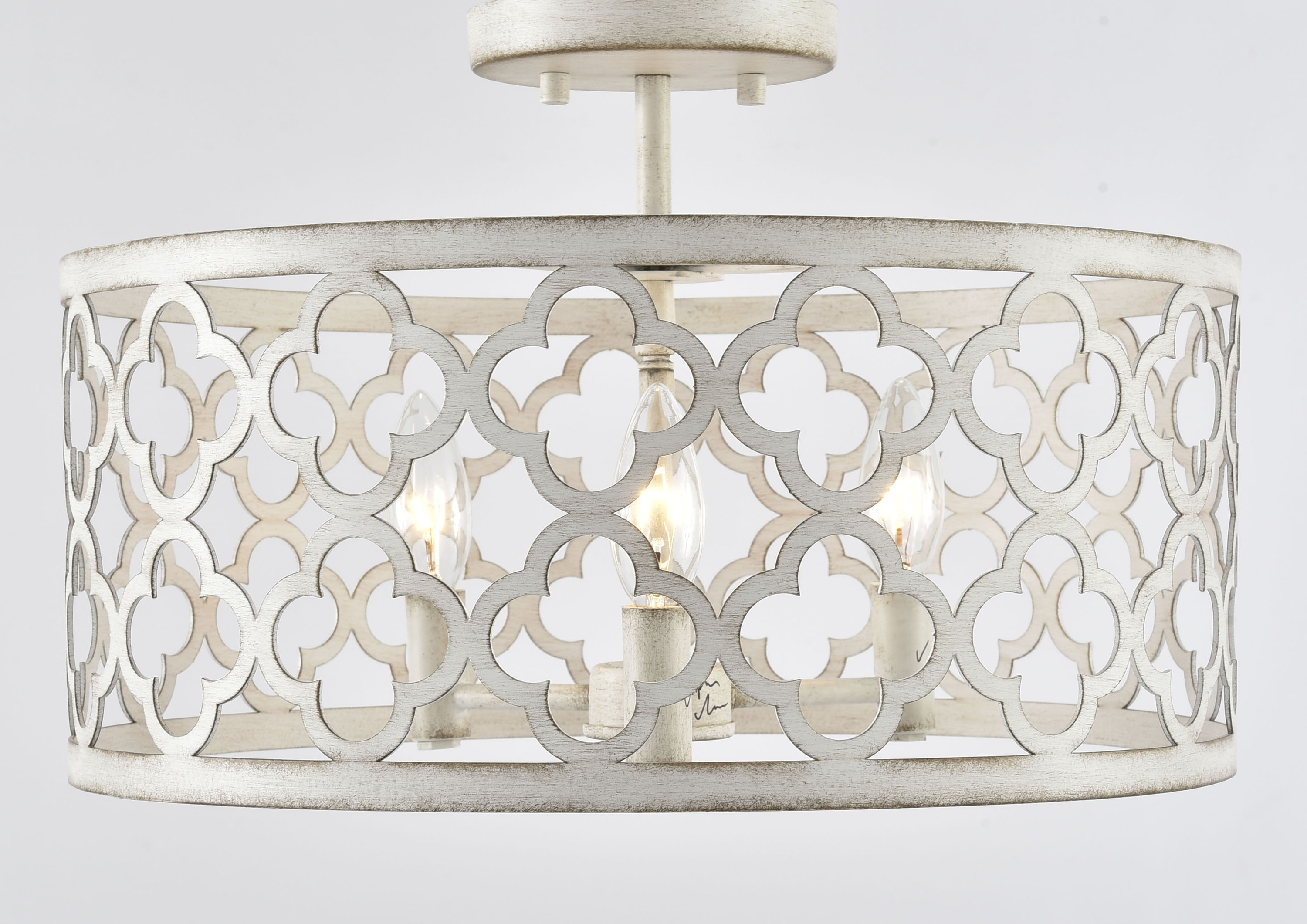 3-Light Middle Semi Flush Mount Ceiling Light Distressed White Metal Cage Fixture Modern Farmhouse for Living Room Hotel