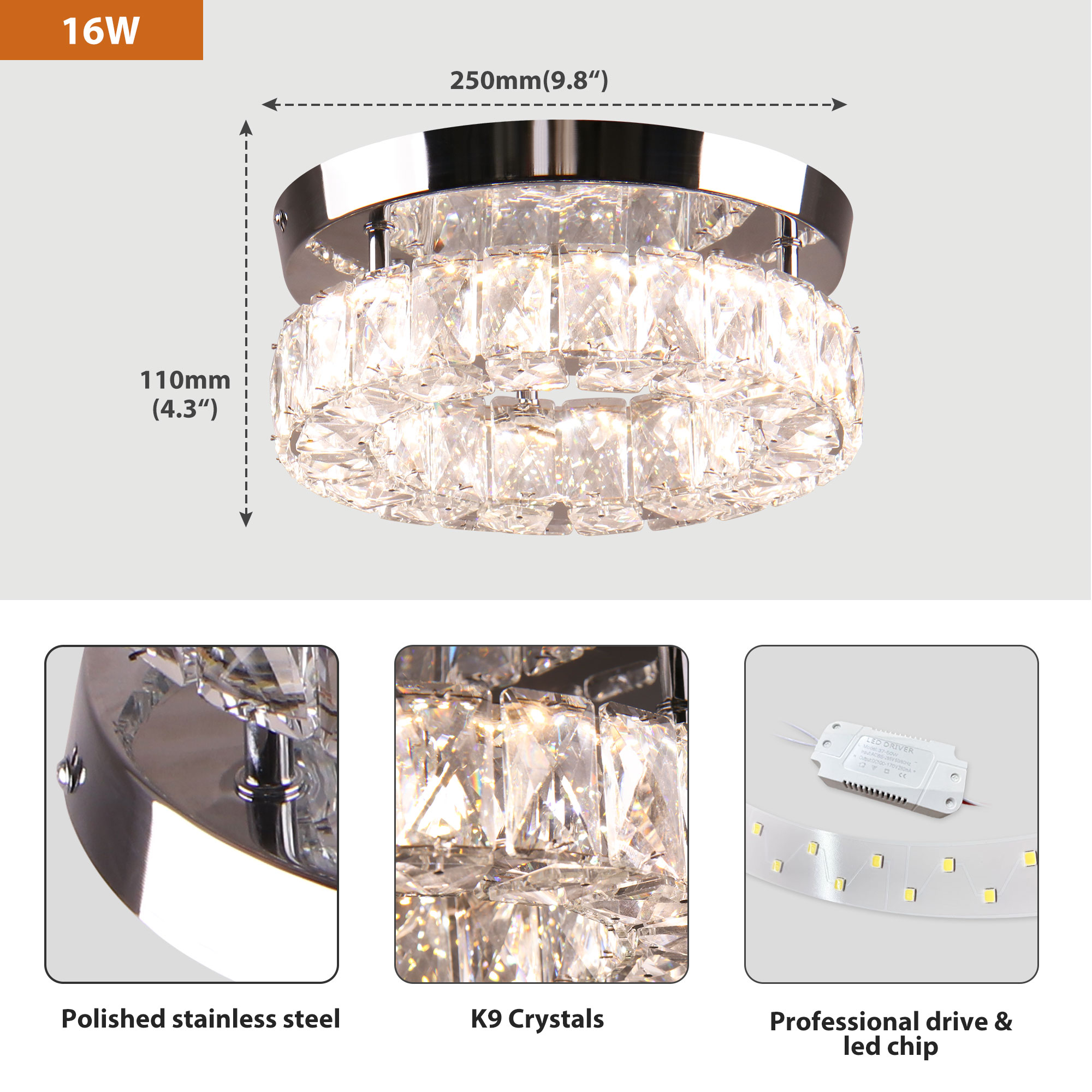 9.8" Dimmable Modern Crystal Chandeliers LED Ceiling Light with Remote Flush Mount Small Chandelier for Hallway Foyer Kitchen