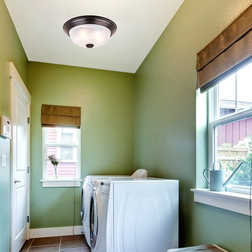 Modern 2-Light Flush Mount Ceiling Light Fixture with Etched Glass Shade, Oil Rubbed Bronze