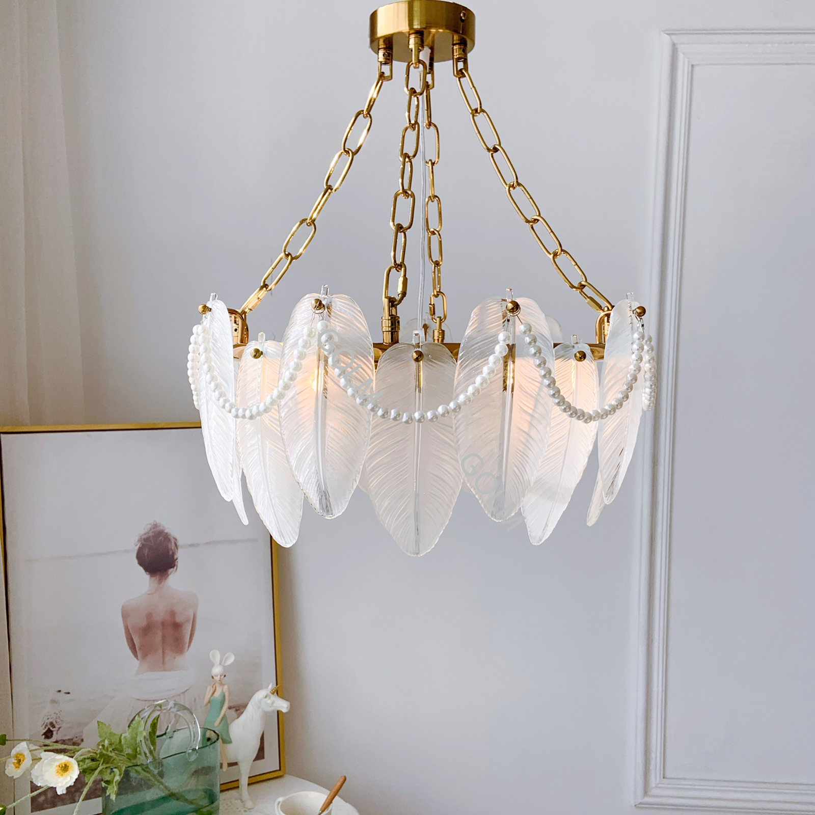 Modern American Feather Glass Ceiling Light AC110V AC220V Semi Flush Mount Lamp Luxury Chandelier Light for Living Room