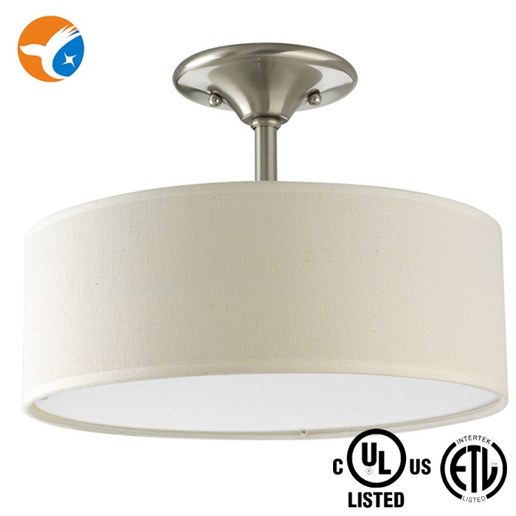ETL Listed Modern Semi Flush Surface Mounted Cream Fabric Ceiling Pendant Round Shadelamp