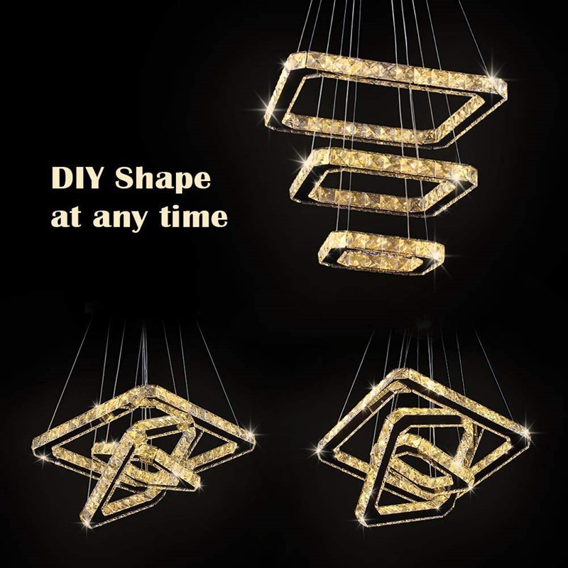 Modern Crystal LED Square Dimmable 3-Rings Chandelier Pendant Lights Height Shape Adjustable Bedroom Living Room Ceiling Lamp