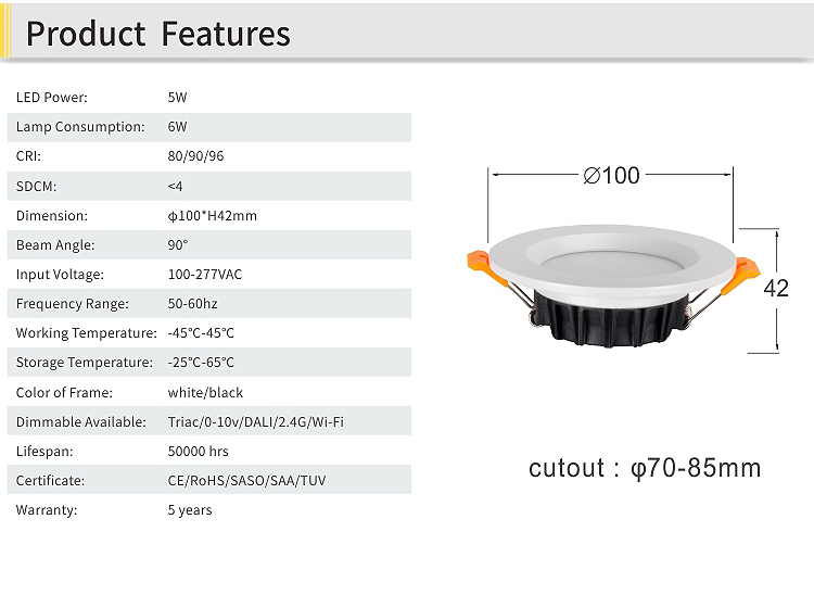 8W Dimmable LED Downlight 2700-7000K CRI90 Fire Rated Recessed Housing 100-277V Hotel Corridor Safety Lighting