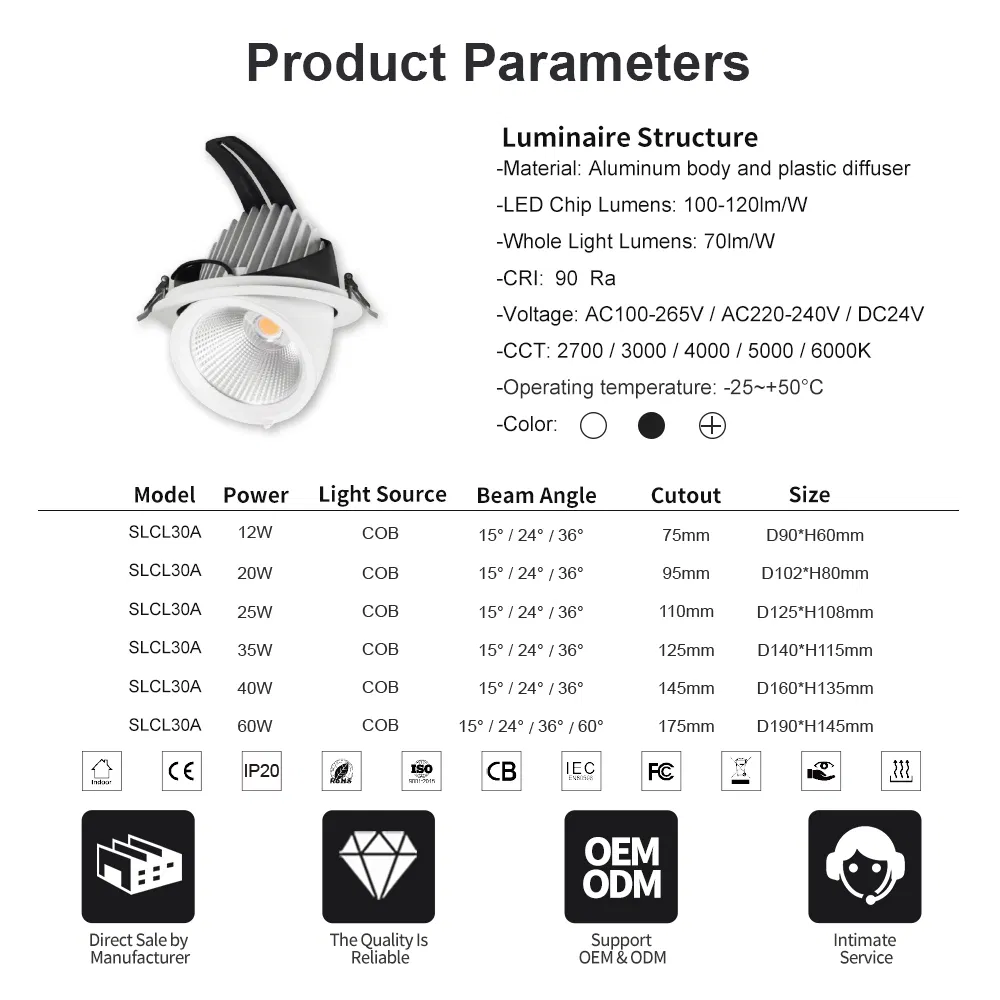 LED Gimbal Downlights Ceiling Recessed Adjustable Angle Anti-Glare Spotlights