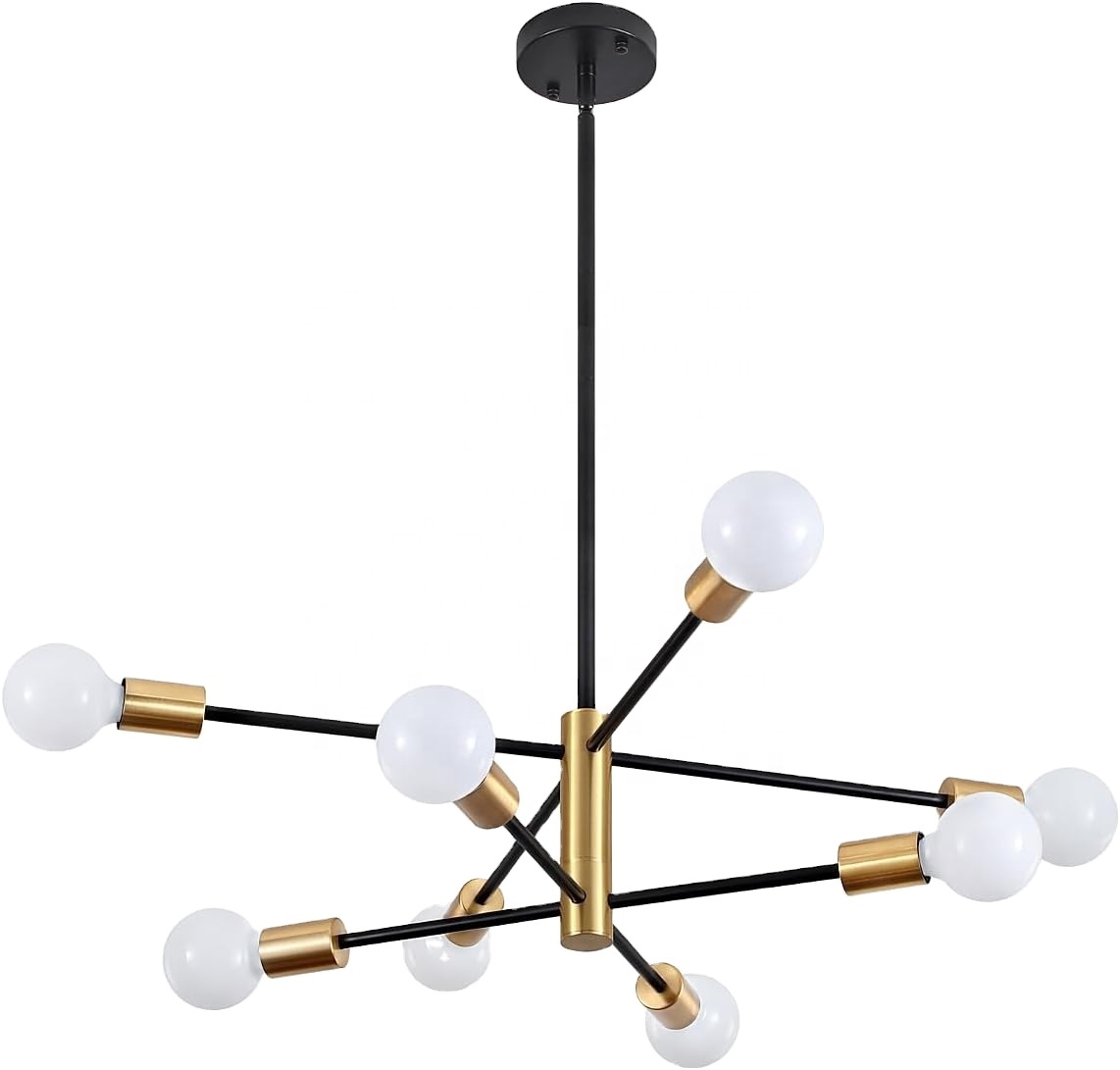 Holohatal Mid Century Modern Sputnik Gold &amp; Black, 8-Light Chandelier Semi Flush Mount Ceiling Light for Dining Room Study