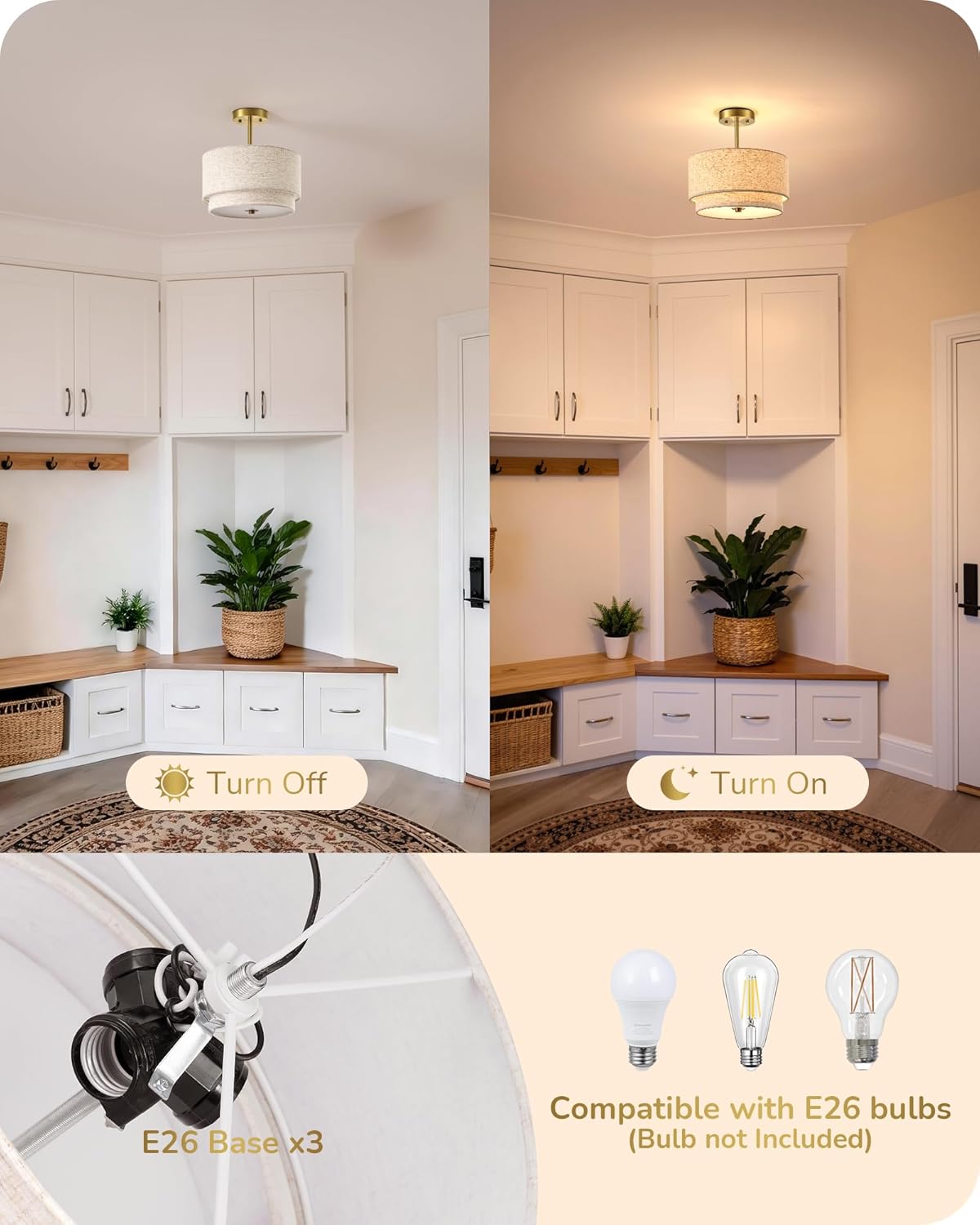 EDISHINE 12.6Inch Semi Flush Mount Huachuang Ceiling Light 3-Light Double Drum Fabric Shade Art Deco Bedroom Hallway Dining Room