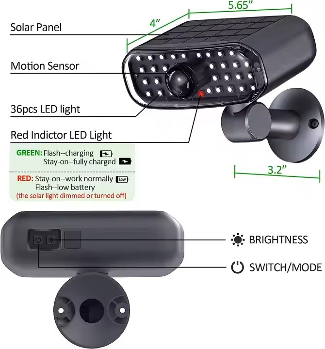 LED High Brightness Cordless Solar Motion Sensor Light, Waterproof Ceiling Wall Porch Light