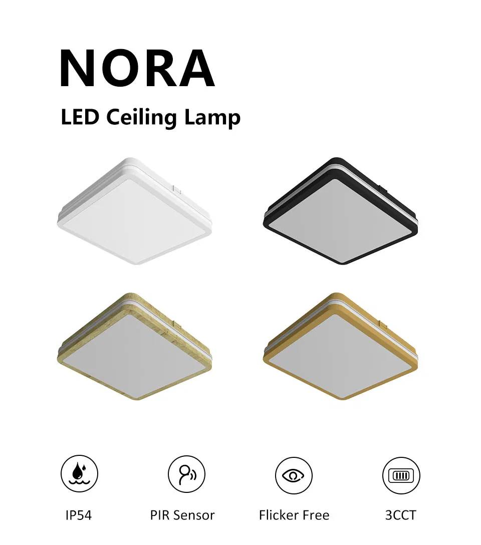 Square White Black Walnut Wood Outdoor Luz LED Ceiling Light Motion Sensor