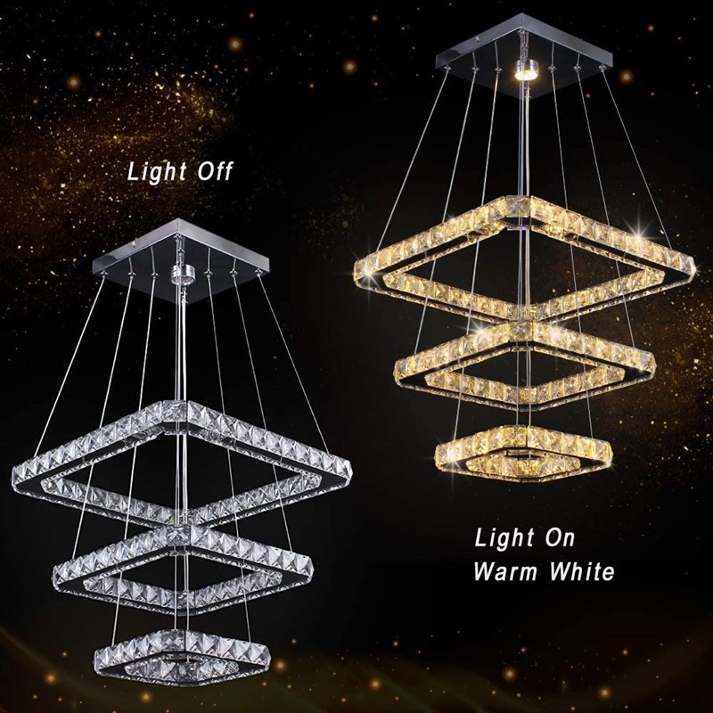 Modern Crystal LED Square Dimmable 3-Rings Chandelier Pendant Lights Height Shape Adjustable Bedroom Living Room Ceiling Lamp