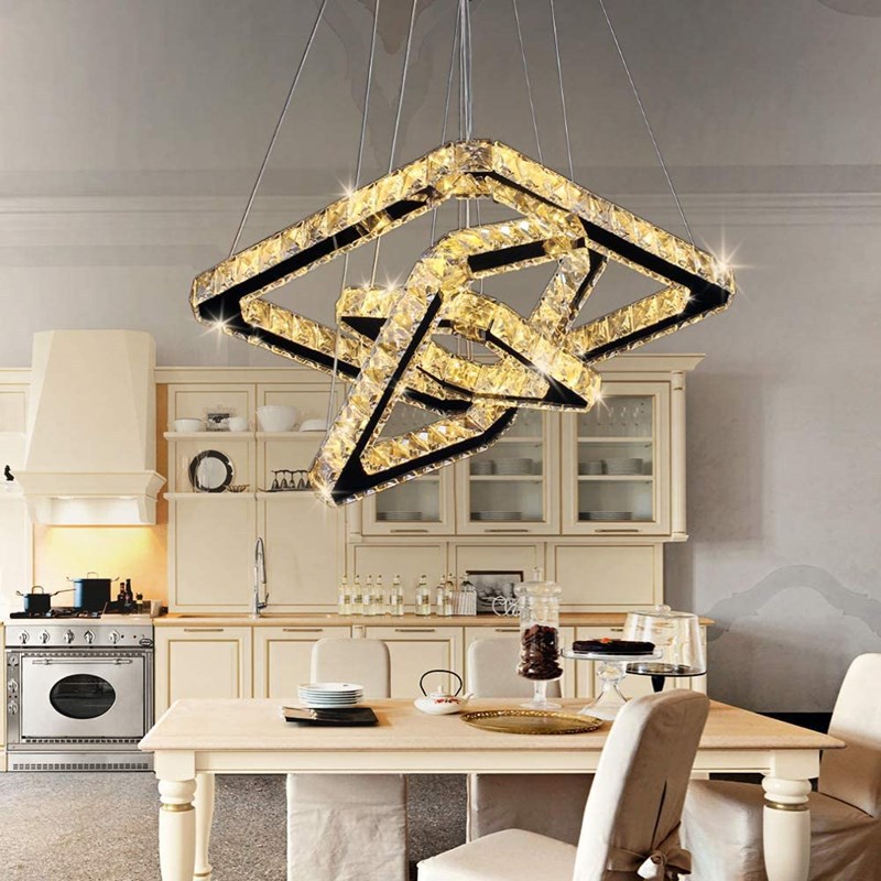 Modern Crystal LED Square Dimmable 3-Rings Chandelier Pendant Lights Height Shape Adjustable Bedroom Living Room Ceiling Lamp
