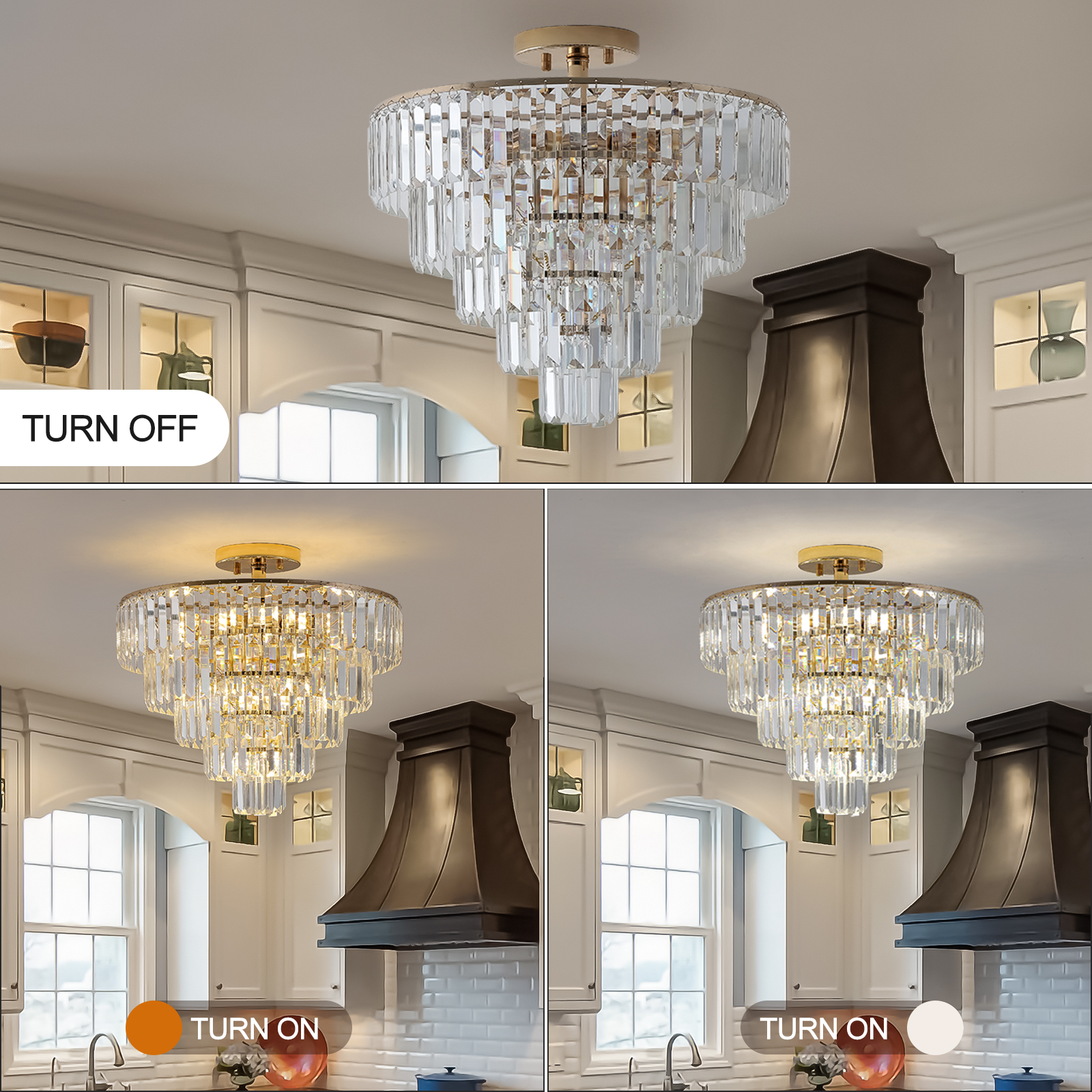 Large Luxury 5 Tier Gold Crystal Semi Flush Mount Ceiling Light Round 5 Tier Chandelier for Living & Dining Room